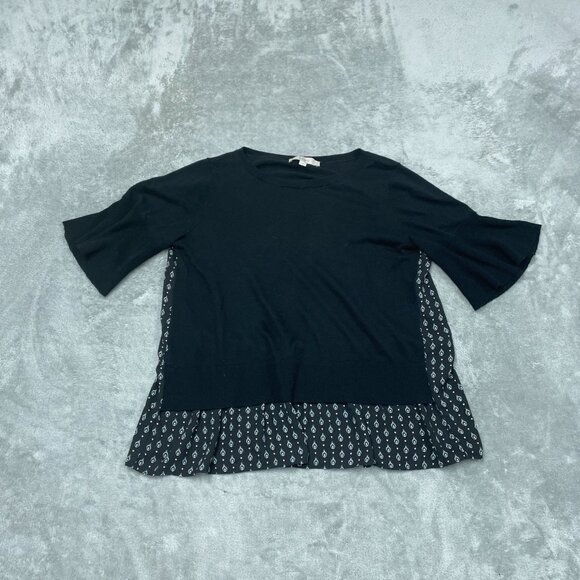 Loft Womens M Mixed Media Sweater Top Black Printed Back a0454 - Picture 1 of 7